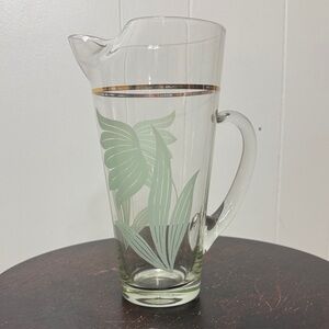 Vintage mid century glass floral pitcher gold rim